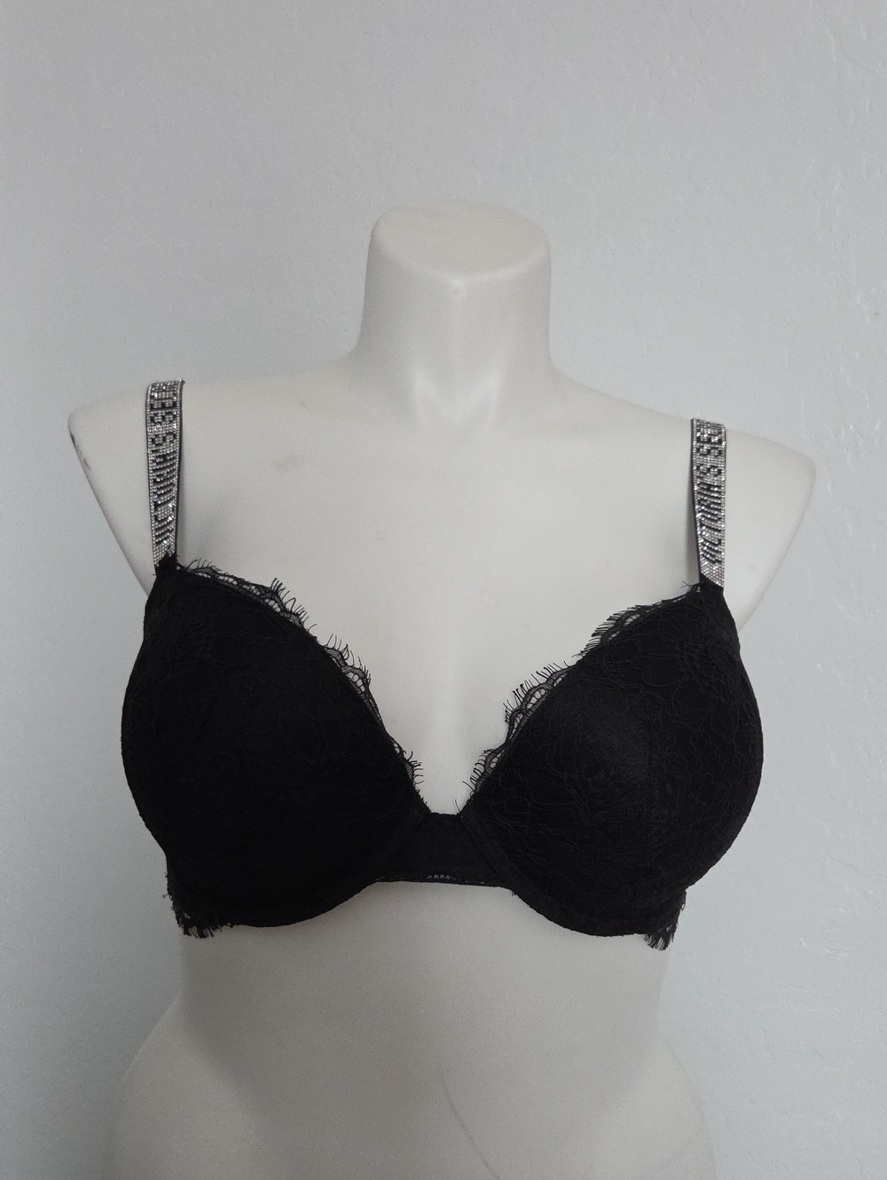 Victoria's Secret Black Lace Push-Up Bra with Rhinestone Straps